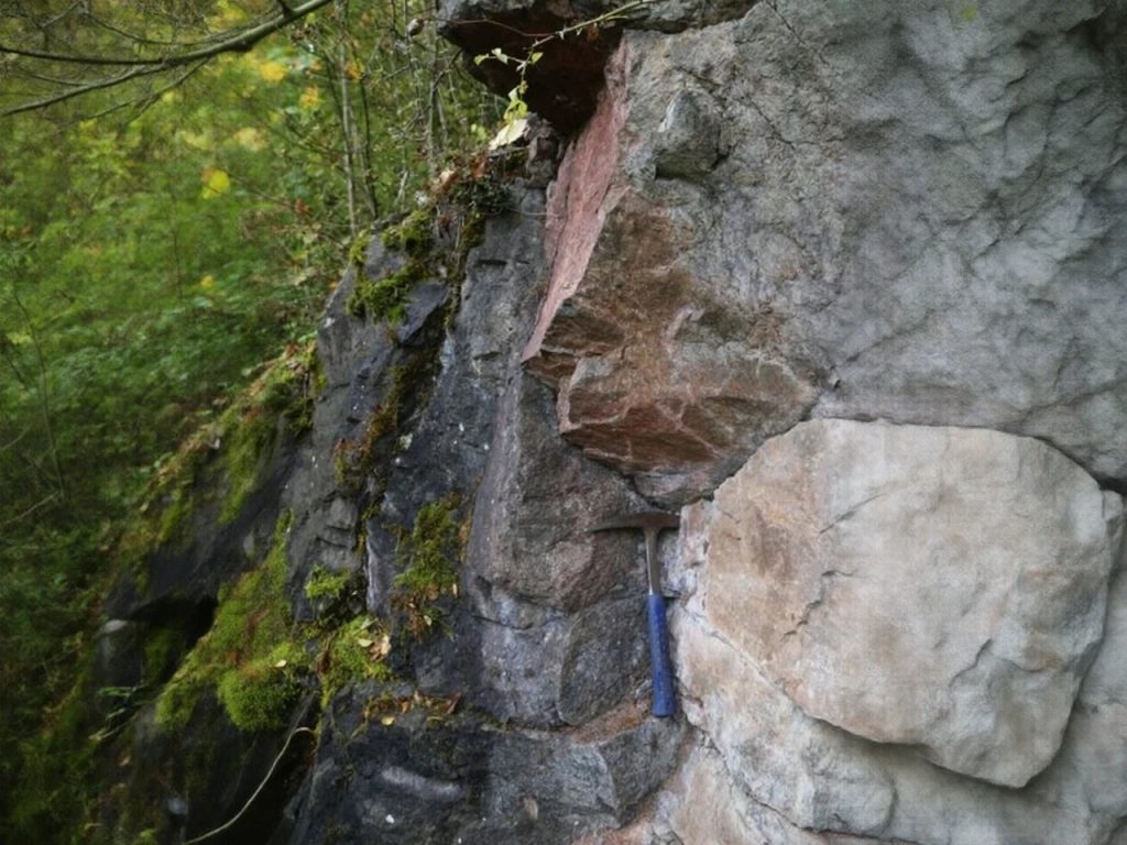 Steinbruch im Oberen Steintal mit dem ca. 345 Mio. Jahre alten Dioritgneis, der von einem rötlichen Leukogranitgang durchzogen wird. (Foto: K. Obst)